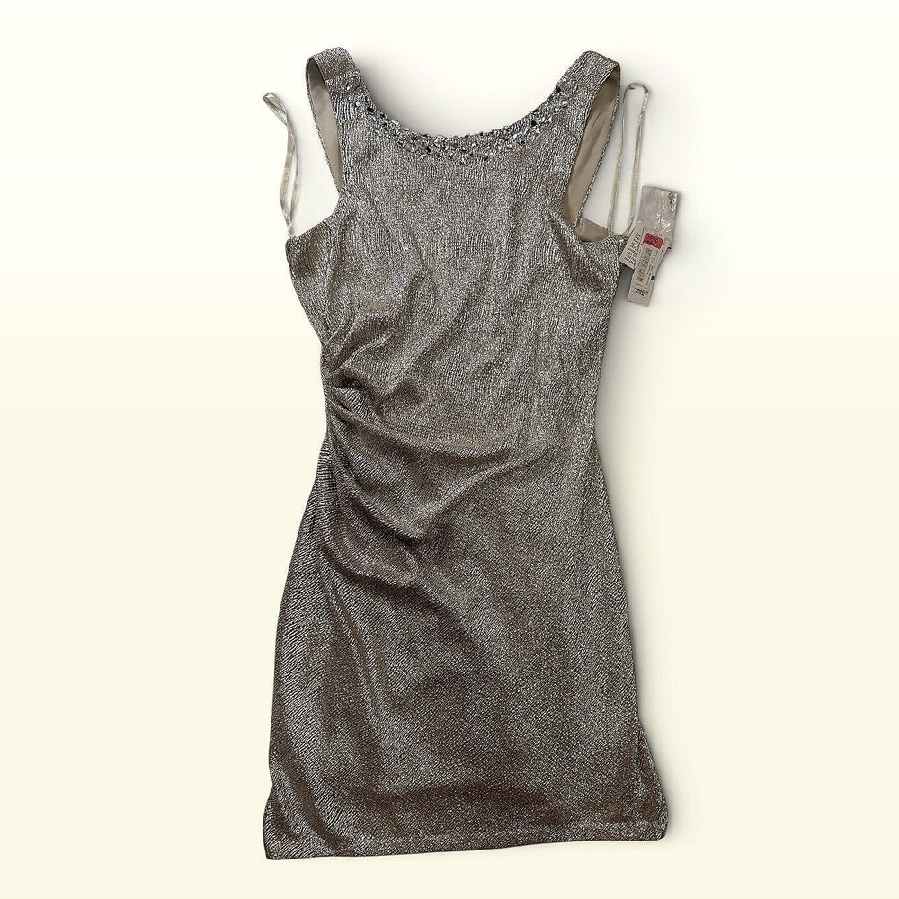 Alex Evenings Womens Metallic Silver Rhinestone Ruched Cocktail Dress 16 NWT